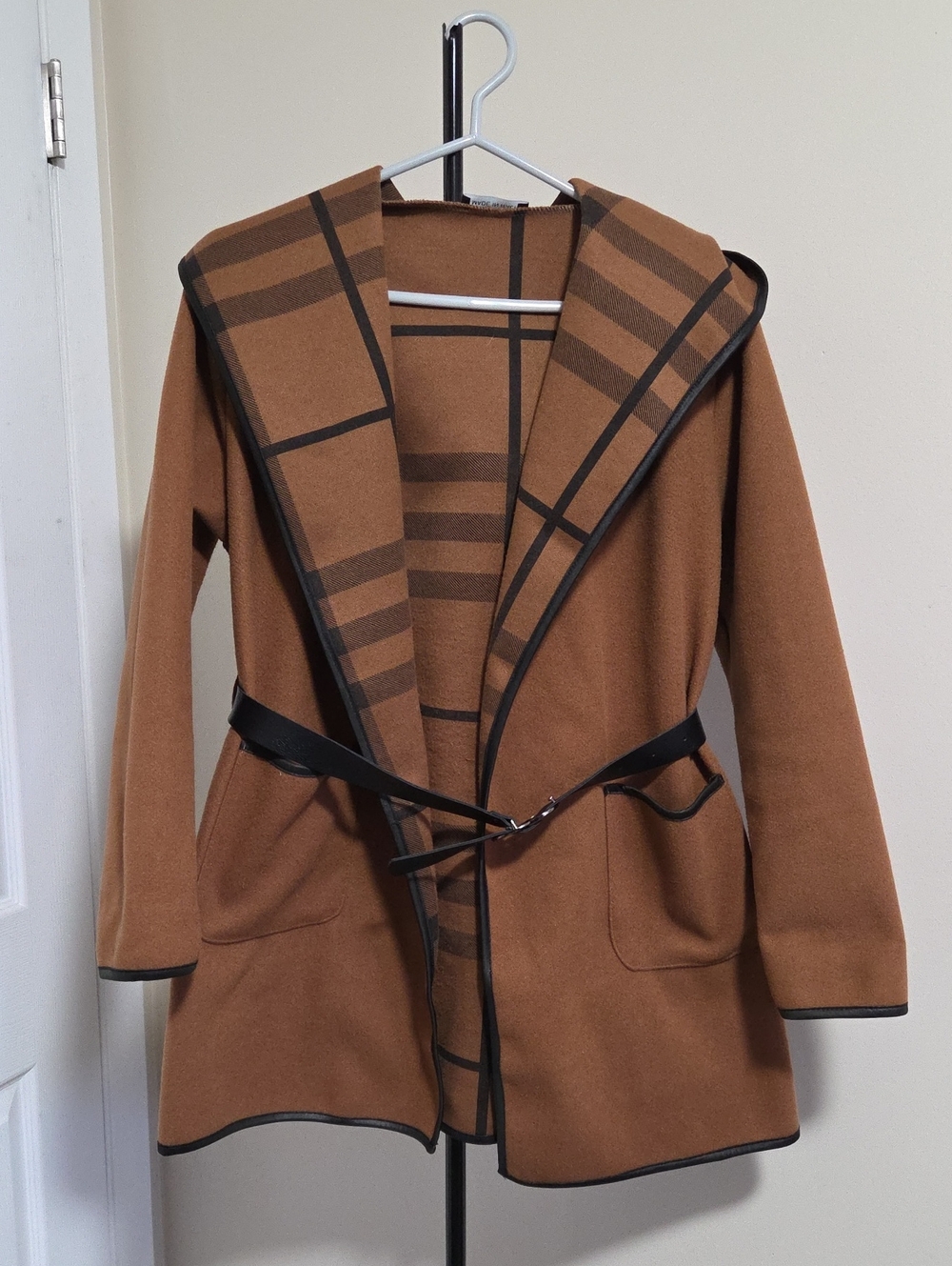 Made In Italy Cotton Blend Brown Hooded Wrap Coatigan with Belt